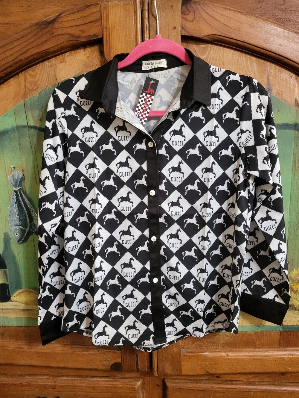 LeeLees Store Gucci Print Black and White Button-Up Shirt